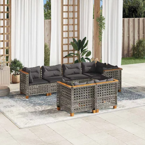 Conjunto Sofás p/ Jardim c/ Almofadões Vime PE Cinzento (7 pcs)