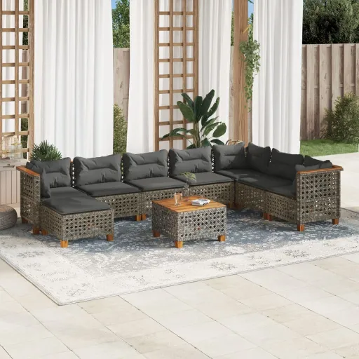 Conjunto Sofás p/ Jardim com Almofadões Vime PE Cinzento (9 pcs)