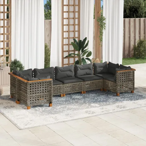 Conjunto Sofás p/ Jardim c/ Almofadões Vime PE Cinzento (7 pcs)