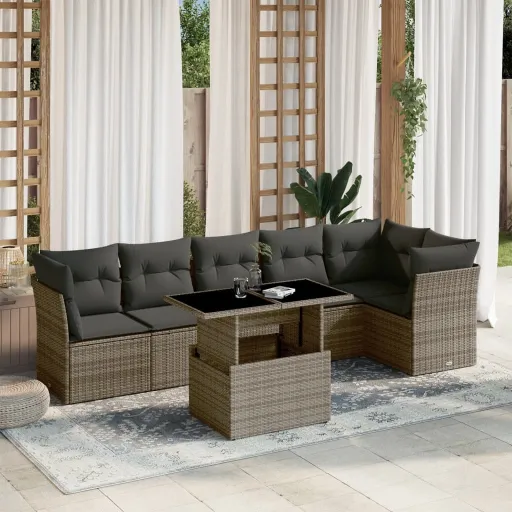 Conjunto Sofás p/ Jardim c/ Almofadões Vime PE Cinzento (7 pcs)