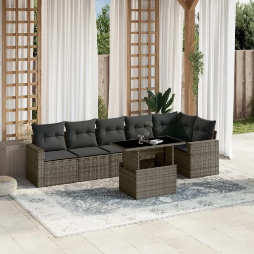 Conjunto Sofás p/ Jardim c/ Almofadões Vime PE Cinzento (7 pcs)