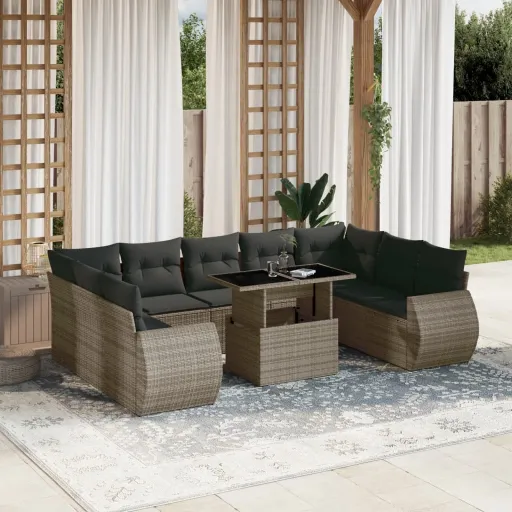 Conjunto Sofás de Jardim c/ Almofadões Vime PE Cinzento (10 pcs)