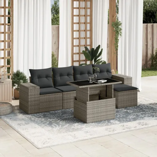 Conjunto Sofás de Jardim com Almofadões Vime Cinzento (6 pcs)