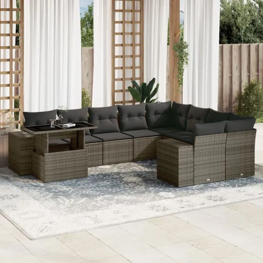 Conjunto Sofás de Jardim c/ Almofadões Vime PE Cinzento (10 pcs)