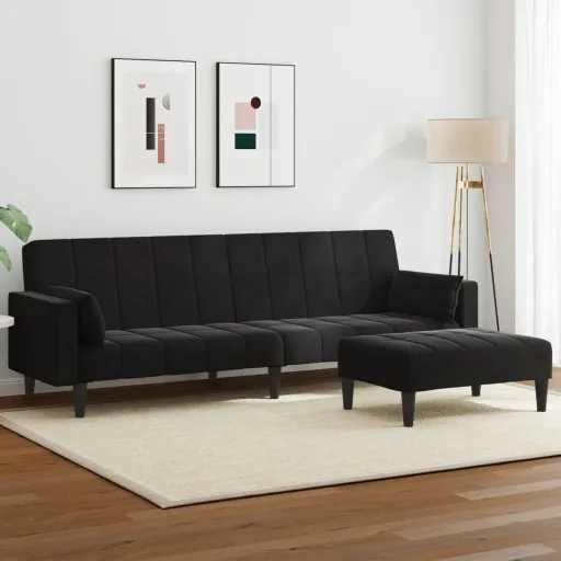 Sofá-Cama 2 Lugares c/ Apoio de Pés Veludo Preto