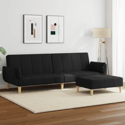 Sofá-Cama de 2 Lugares com Apoio de Pés Tecido Preto