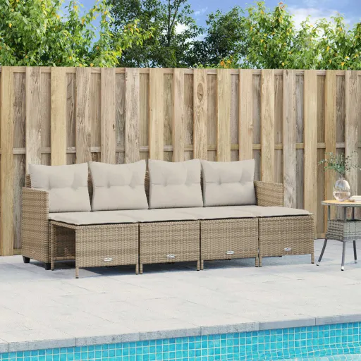 Conjunto de Sofás p/ Jardim com Almofadões Vime PE Bege (5 pcs)