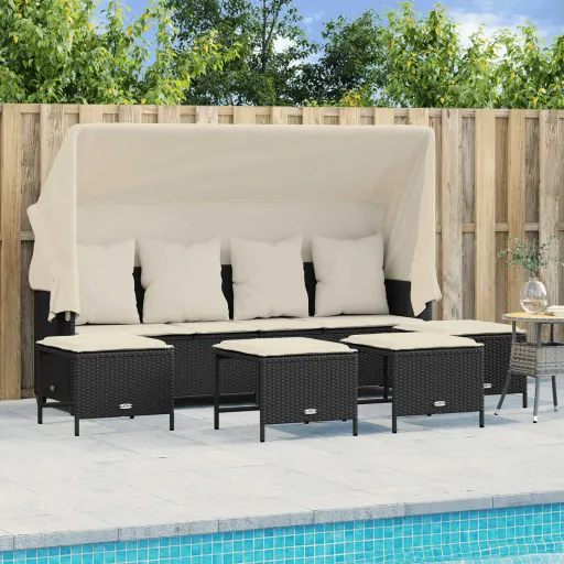 Conjunto Sofás de Jardim com Almofadões Vime PE Preto (5 pcs)