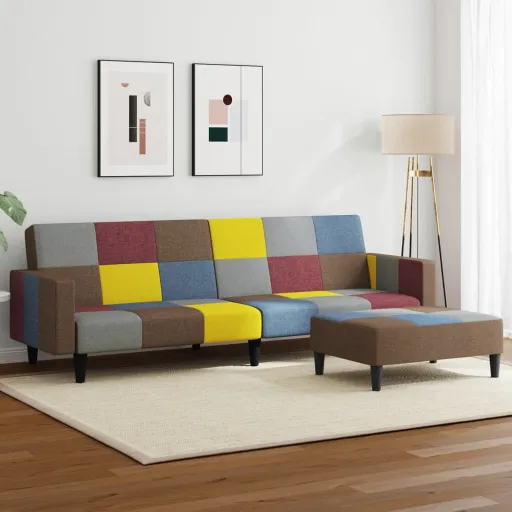 Sofá-Cama de 2 Lugares com Apoio de Pés Tecido de Retalhos