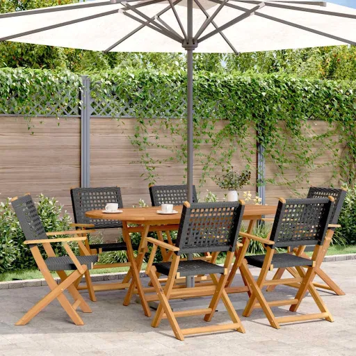 Cadeiras Jardim Dobráveis   Vime PE/Madeira Maciça Preto (6 pcs)