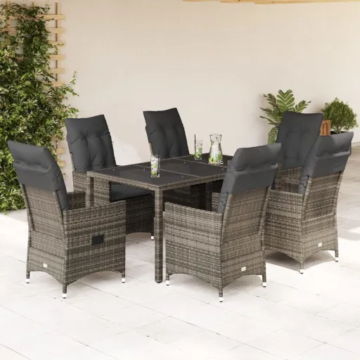 Conjunto de Jantar p/ Jardim c/ Almofadões Vime PE Cinza (7 pcs)