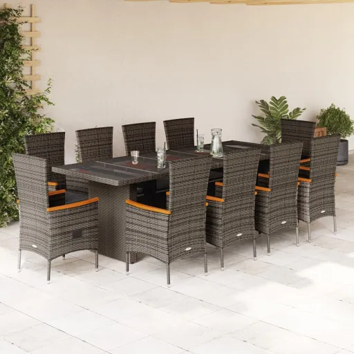 Conjunto Jantar p/ Jardim c/ Almofadões Vime PE Cinzento (11 pcs)