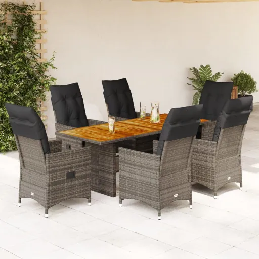 Conjunto de Jantar p/ Jardim c/ Almofadões Vime PE Cinza (7 pcs)