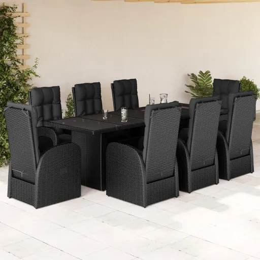 Conjunto de Jantar p/ Jardim c/ Almofadões Vime PE Preto (9 pcs)