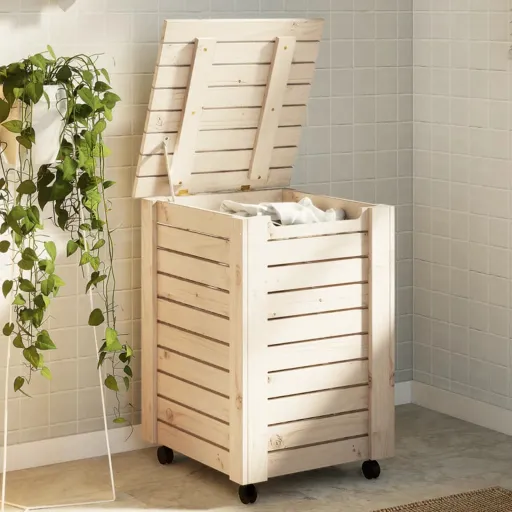 Cesto de Roupa com Rodas RANA 45x45x64 cm Pinho Maciço