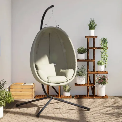 Cadeira em Forma de Ovo Suspensa com Suporte Tecido/Aço Bege