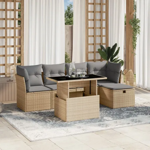 Conjunto de Sofás p/ Jardim com Almofadões Vime PE Bege (6 pcs)