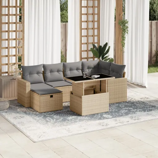Conjunto de Sofás p/ Jardim com Almofadões Vime PE Bege (7 pcs)