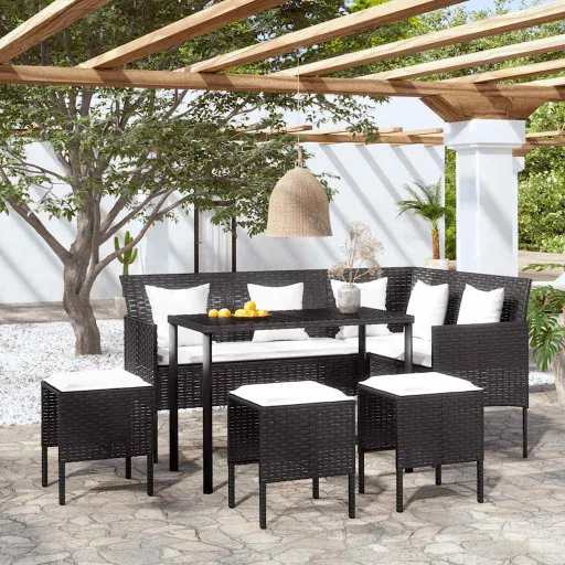Conjunto Sofás Formato L c/ Almofadões Vime PE Preto (5 pcs)