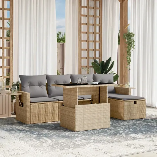 Conjunto de Sofás p/ Jardim com Almofadões Vime PE Bege (6 pcs)