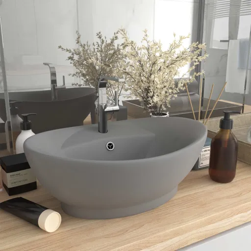 Lavatório Luxuoso Oval 58,5x39 cm Cerâmica Cinza-Claro Mate