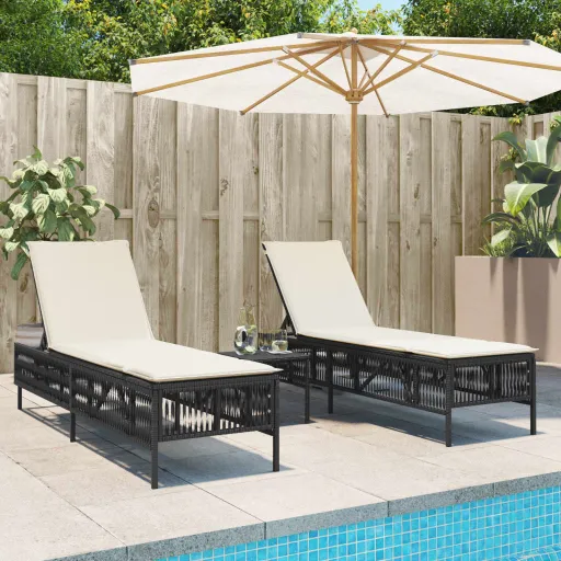 Espreguiçadeiras com Almofadões   Vime PE Preto (2 pcs)