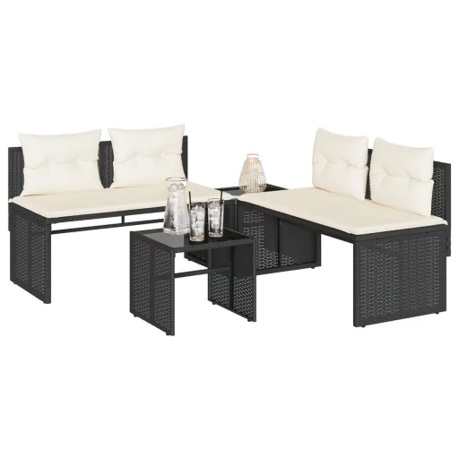 Conjunto de Sofás para Jardim c/ Almofadões Vime PE Preto (4 pcs)