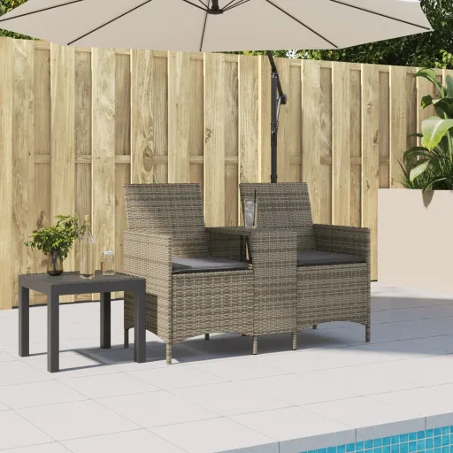 Sofá de Jardim c/ Mesa e Almofadões 2 Lugares Vime PE Cinzento