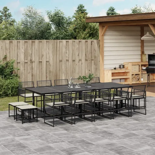 Conjunto de Jantar p/Jardim com Almofadões Vime PE Preto (15 pcs)