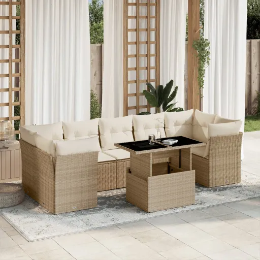 Conjunto de Sofás p/ Jardim com Almofadões Vime PE Bege (8 pcs)