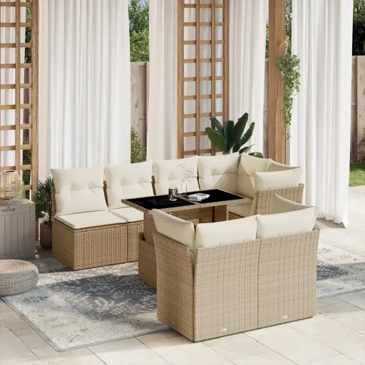 Conjunto de Sofás p/ Jardim com Almofadões Vime PE Bege (8 pcs)