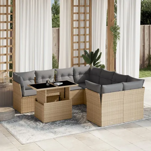 Conjunto de Sofás p/ Jardim com Almofadões Vime PE Bege (9 pcs)