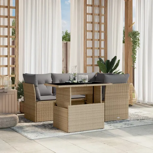Conjunto de Sofás p/ Jardim com Almofadões Vime PE Bege (5 pcs)