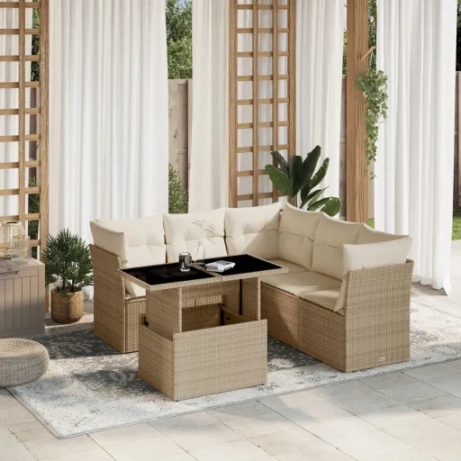 Conjunto de Sofás p/ Jardim com Almofadões Vime PE Bege (6 pcs)