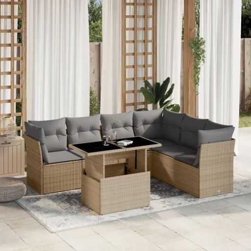 Conjunto de Sofás p/ Jardim com Almofadões Vime PE Bege (7 pcs)