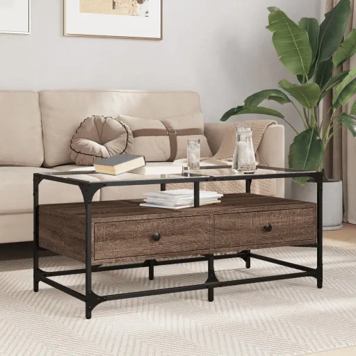 Mesa de Centro c/ Topo Vidro 98,5x50x45cm Carvalho Castanho Aço