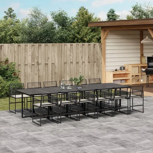 Conjunto de Jantar p/Jardim com Almofadões Vime PE Preto (13 pcs)