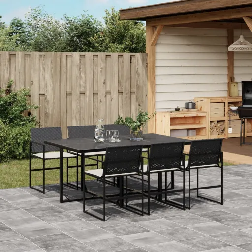 Conjunto de Jantar p/ Jardim c/ Almofadões Vime PE Preto (7 pcs)