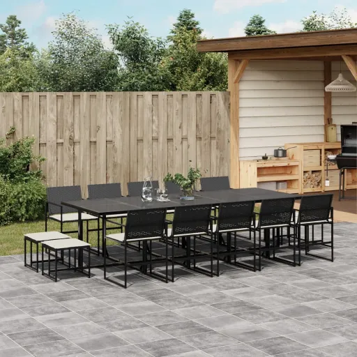 Conjunto de Jantar p/Jardim com Almofadões Vime PE Preto (15 pcs)