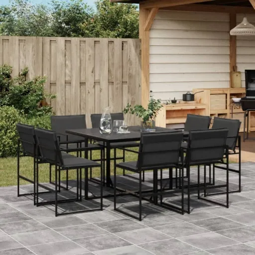 Conj. de Jantar para Jardim c/ Almofadões Textilene Preto (9 pcs)