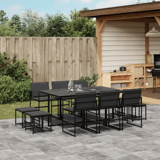 Conj. de Jantar p/ Jardim c/ Almofadões Textilene Preto (11 pcs)