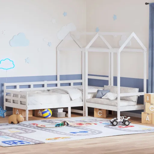 Conj. Sofá-Cama e Banco c/ Telhado 80x200cm Pinho Maciço Branco