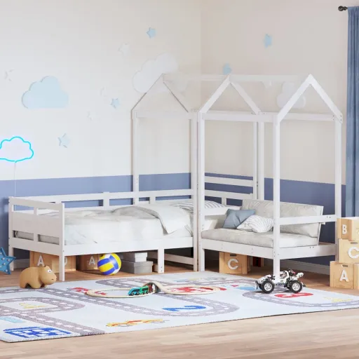 Conj. Sofá-Cama e Banco c/ Telhado 80x200cm Pinho Maciço Branco