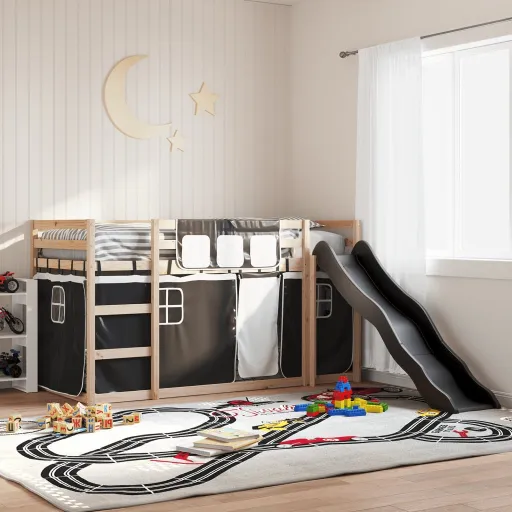 Beliche com Escorrega e Cortinas 90x200 cm Branco e Preto
