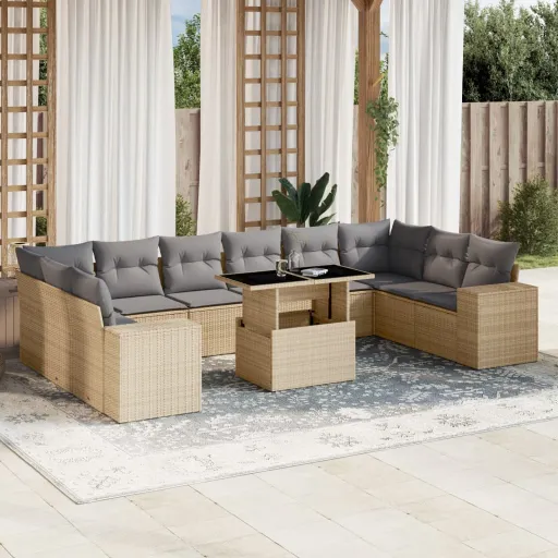 Conjunto Sofás de Jardim c/ Almofadões Vime PE Bege (11 pcs)