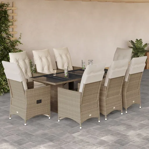 Conjunto de Bistrô para Jardim c/ Almofadões Vime PE Bege (9 pcs)