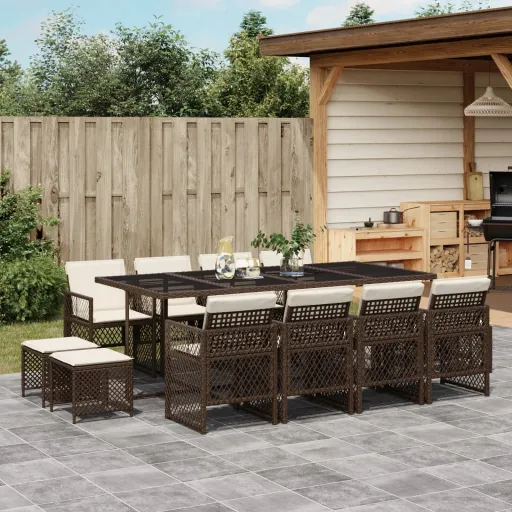 Conjunto Jantar p/ Jardim c/ Almofadões Vime PE Castanho (13 pcs)