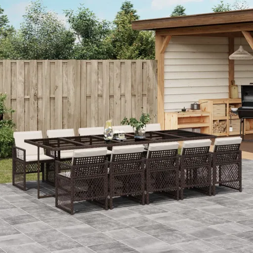 Conjunto Jantar p/ Jardim c/ Almofadões Vime PE Castanho (11 pcs)