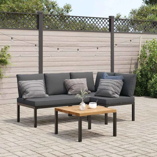 Conjunto de Sofás p/ Jardim c/ Almofadões Alumínio Preto (3 pcs)