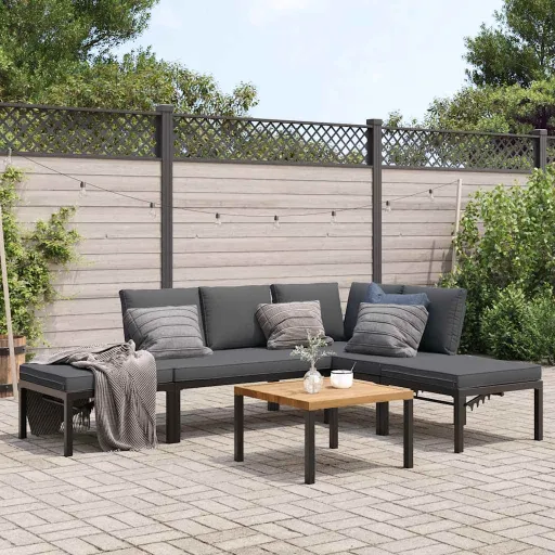Conjunto de Sofás p/ Jardim c/ Almofadões Alumínio Preto (5 pcs)